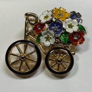 Like New Napier Bicycle Flower 🌺 Cart Brooch.  2” x 2.25”